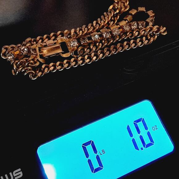 Vintage Wide Three Strand Gold Tone Bracelet - 7 1/4 Inches, Curb Rhinestones - Picture 10 of 10